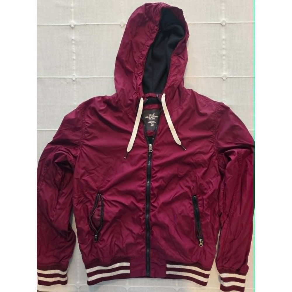 H&M LOGG Mens Hooded Windbreaker Jacket Burgundy Maroon Full Zip Varsity Small